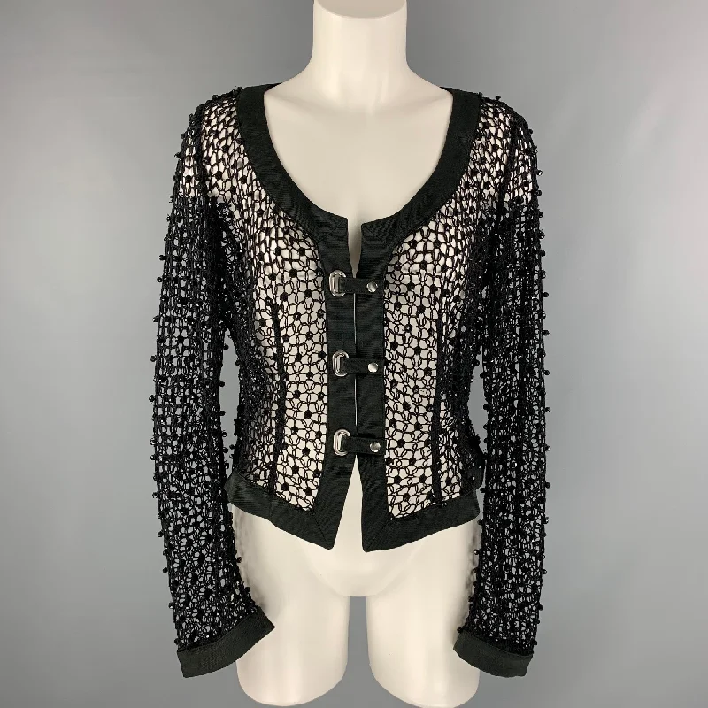 ARMANI COLLEZIONI Size 10 Black Mesh Scoop Neck Jacket Notch Collar Jacket Peter Pan Collar Jacket Cowl Neck Jacket ARMANI COLLEZIONI Size 10 Black Mesh Scoop Neck Jacket Notch Collar Jacket Peter Pan Collar Jacket Cowl Neck Jacket