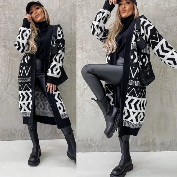 Long European And American Diamond Lattice Sweater For Women Toggled Drawstring Belted
