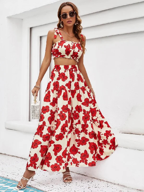 Floral Tie Shoulder Top and Tiered Maxi Skirt Set linen skirt natural