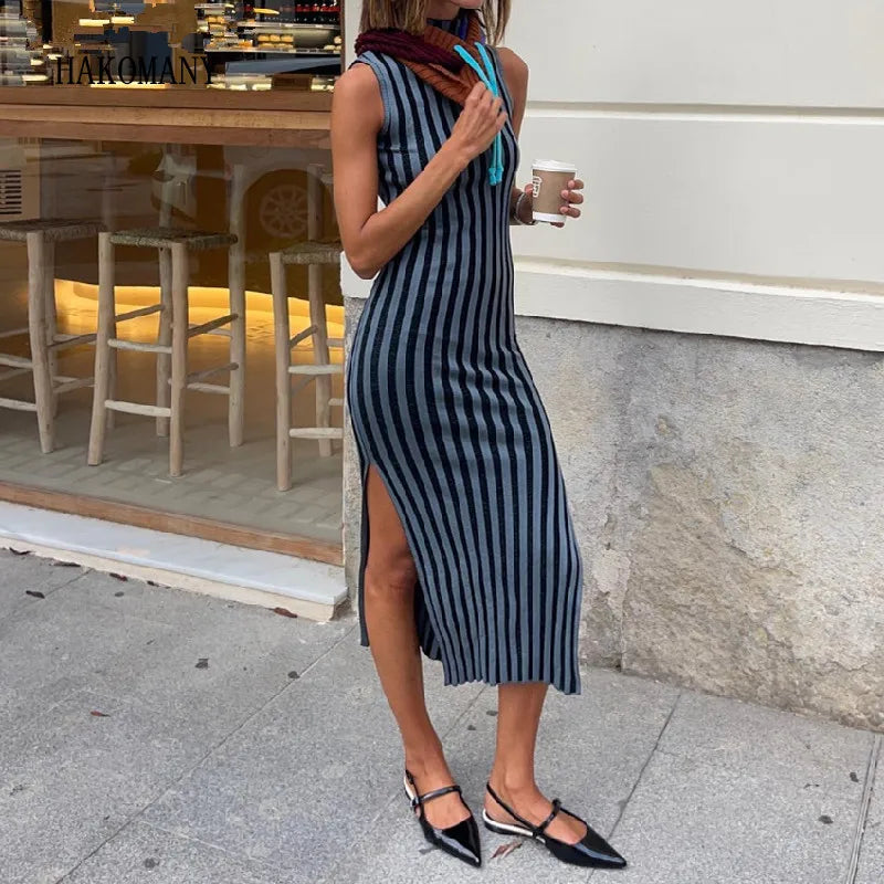 TAVIMART - Women Half High Collar Side Slit Hem Sleeveless Sweater Robe Autumn Sexy Contrast Color Striped Knit Dress Herringbone Houndstooth Plaid TAVIMART - Women Half High Collar Side Slit Hem Sleeveless Sweater Robe Autumn Sexy Contrast Color Striped Knit Dress Herringbone Houndstooth Plaid