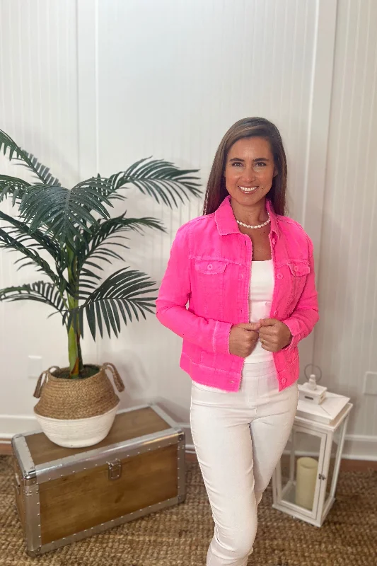Lulu B Linen Travel Jacket - Clear Pink Front Pockets Side Pockets Patch Pockets