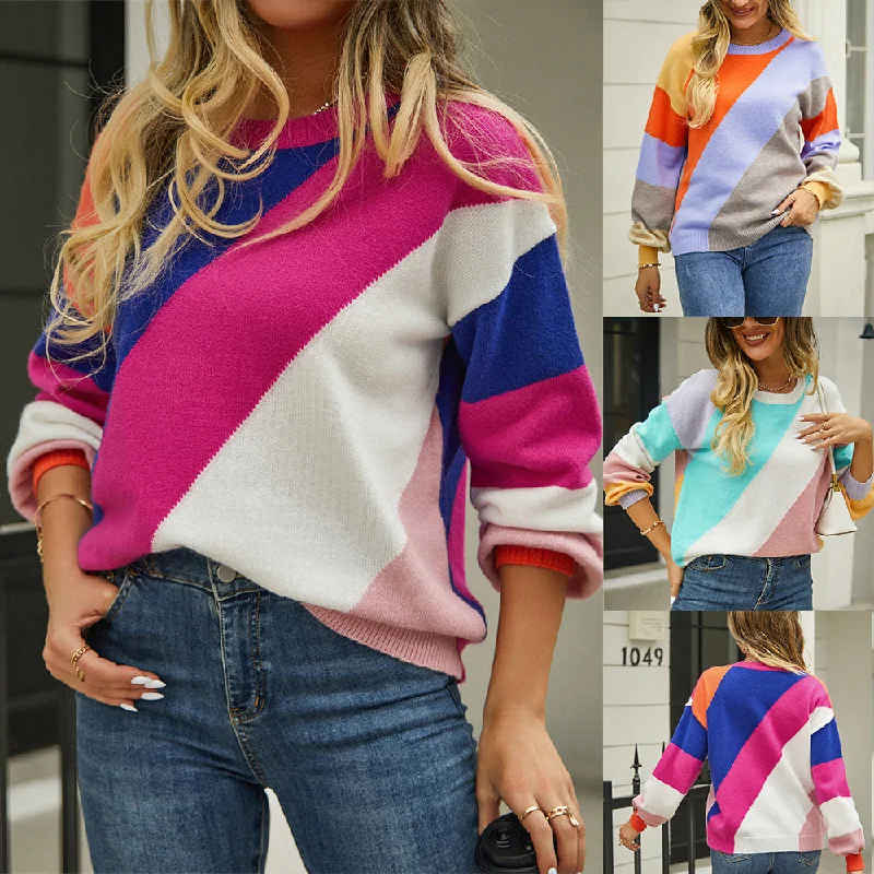 Women's Fashionable Simple Striped Patchwork Round Neck Sweater Beaded Sweater Sequined Faux Fur