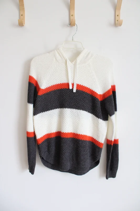 Cloud Chaser Gray & Orange Striped White Sweater Hoodie | S Open Front Closed Front Wrap Front Cloud Chaser Gray & Orange Striped White Sweater Hoodie | S Open Front Closed Front Wrap Front