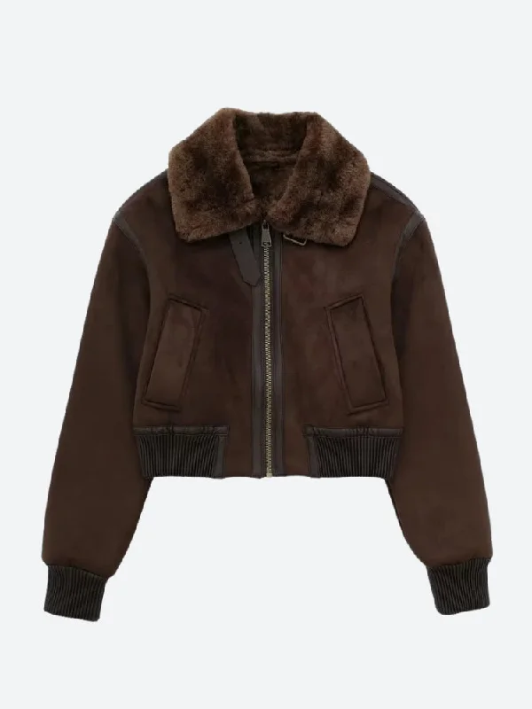 Faux Fur Collar Zip-Up Jacket Front Pockets Side Pockets Patch Pockets