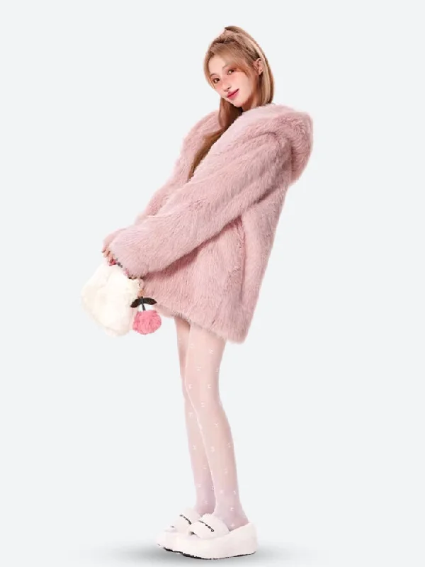 Pink Faux Fur Jacket Collared Jacket Crew Neck Jacket Turtle Neck Jacket