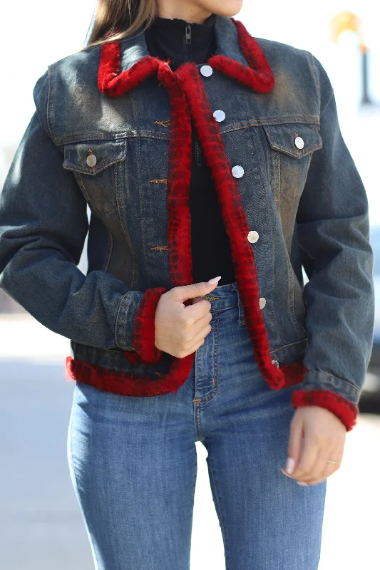 Denim Jacket with Red Fur Trim - Natural/Red Anorak Shell Jacket Lightweight Jacket Denim Jacket with Red Fur Trim - Natural/Red Anorak Shell Jacket Lightweight Jacket