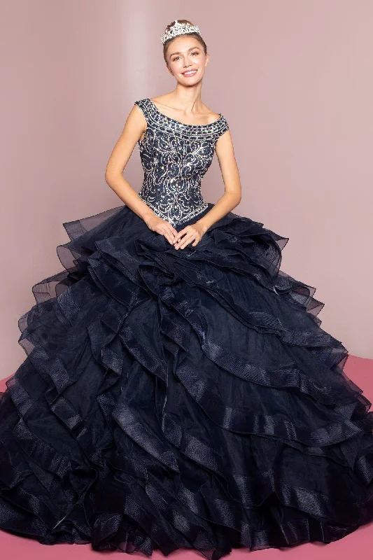 Jeweled Cap Sleeve Ball Gown with Layered Skirt by Elizabeth K GL1600 linen skirt light