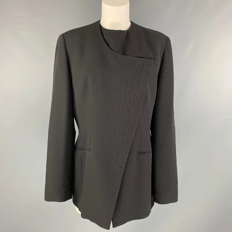 GIORGIO ARMANI Size 10 Black Wool Solid Asymmetrical Jacket Blazer V-Neck Jacket Boat Neck Jacket Square Neck Jacket GIORGIO ARMANI Size 10 Black Wool Solid Asymmetrical Jacket Blazer V-Neck Jacket Boat Neck Jacket Square Neck Jacket