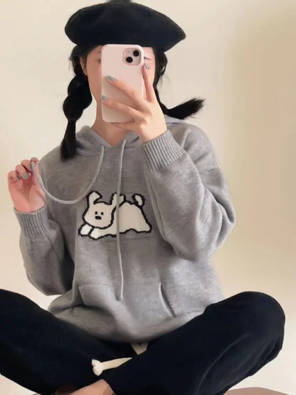 Cute Cartoon Hooded Sweater Knitted Sweater Spring And Autumn New Loose Pockets Overlapping Tops Temperament Sweater Ribbed Striped Patterned Cute Cartoon Hooded Sweater Knitted Sweater Spring And Autumn New Loose Pockets Overlapping Tops Temperament Sweater Ribbed Striped Patterned