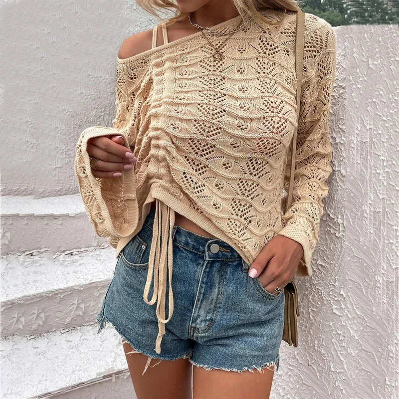 Maomao Rain Spring/Summer New Sweater Women's Solid Color Hollow Drawstring T-Shirt Top Elasticated Padded Insulated Maomao Rain Spring/Summer New Sweater Women's Solid Color Hollow Drawstring T-Shirt Top Elasticated Padded Insulated