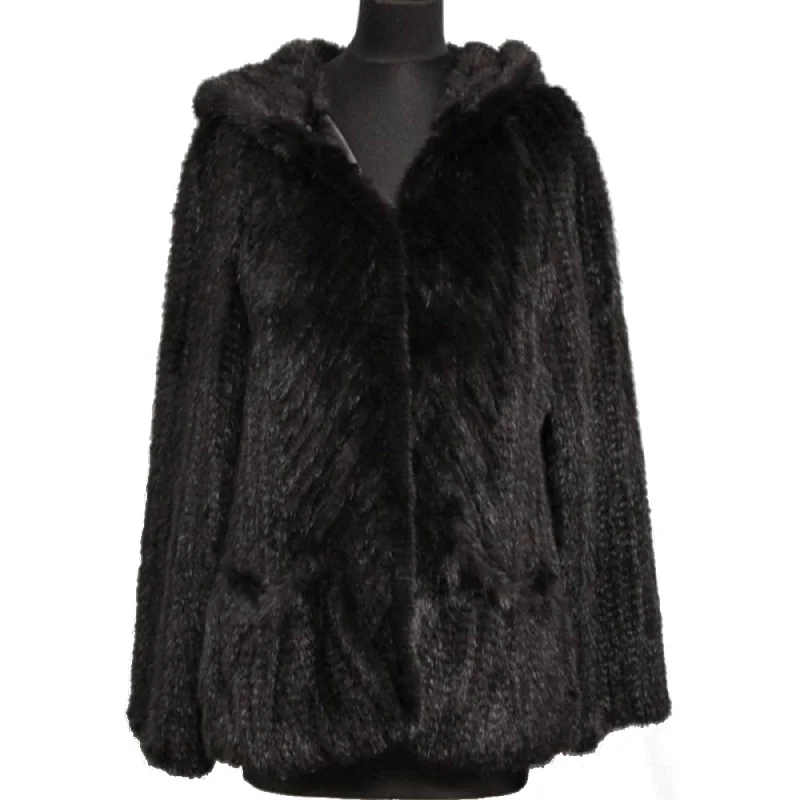 Mink Jacket with Hood and Pockets Hooded Jacket Caped Jacket Shawl Collar Jacket