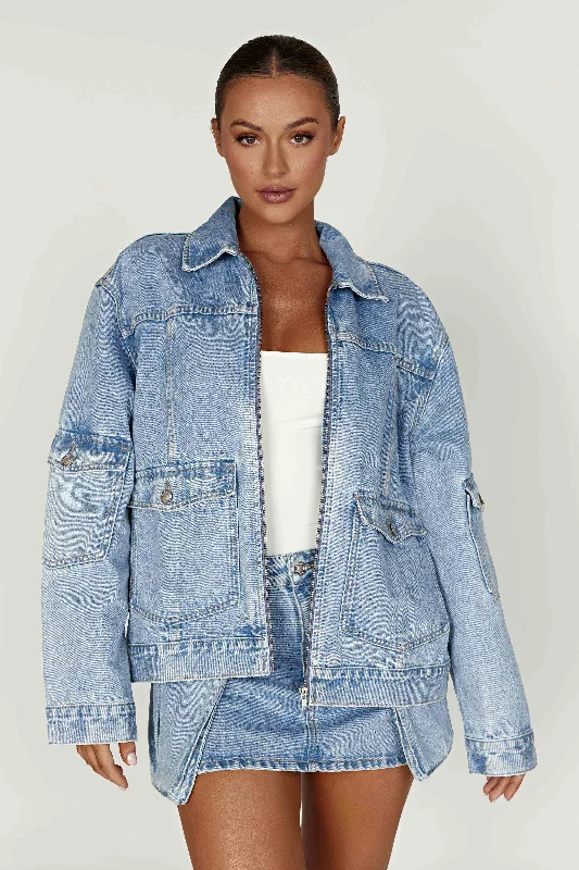 Rylee Oversized Denim Jacket - Mid Blue Front Pockets Side Pockets Patch Pockets