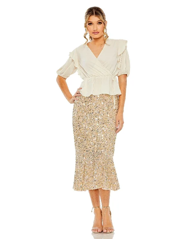 Mac Duggal R10844 Sequins formal Tea Length Skirt ONLY linen skirt natural