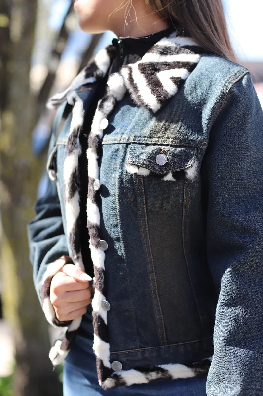 Denim Jacket with Black/White Fur Trim - Natural Satin Jacket Silk Jacket Chiffon Jacket Denim Jacket with Black/White Fur Trim - Natural Satin Jacket Silk Jacket Chiffon Jacket