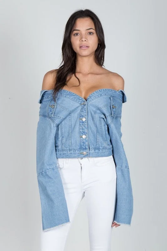 THE MYSTYLEMODE DENIM OFF SHOULDER SWEETHEART JEAN JACKET Boat Neck Shawl Collar Notched Collar THE MYSTYLEMODE DENIM OFF SHOULDER SWEETHEART JEAN JACKET Boat Neck Shawl Collar Notched Collar