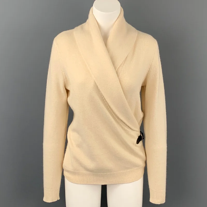 RALPH LAUREN Black Label Size S Cream Cashmere Blend Leather Trim Sweater Stretchy Elastic Breathable