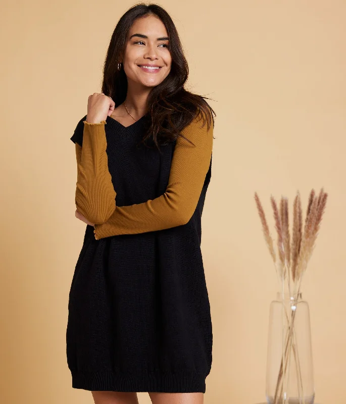 Edna Sweater Dress - Black Cotton Fabric Linen Fabric Terry Fabric