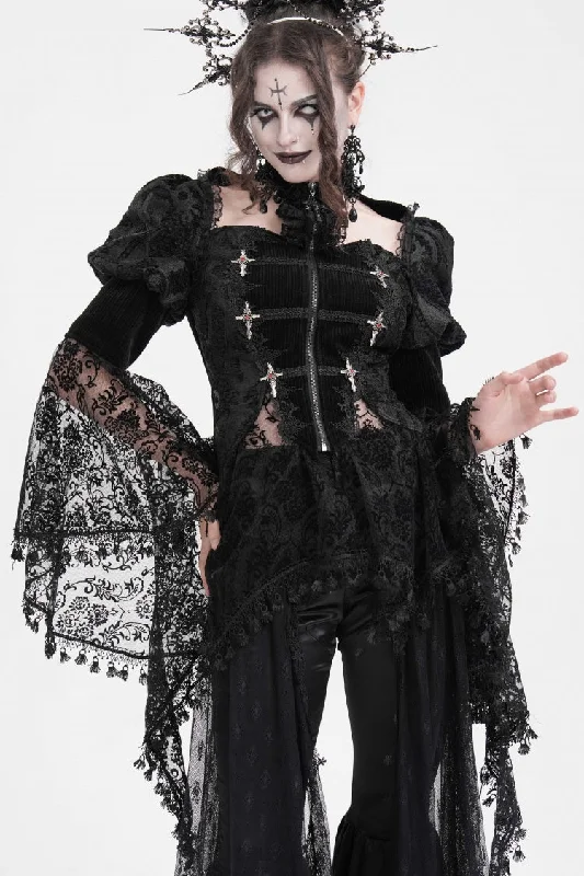 Black Long Sleeves Hollow Lace Tassels Women's Gothic Jacket Hoodie Zip-Up Jacket Button-Up Jacket Black Long Sleeves Hollow Lace Tassels Women's Gothic Jacket Hoodie Zip-Up Jacket Button-Up Jacket