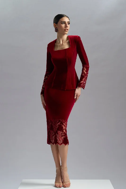 Wine velvet top with midi skirt tiered skirt playful