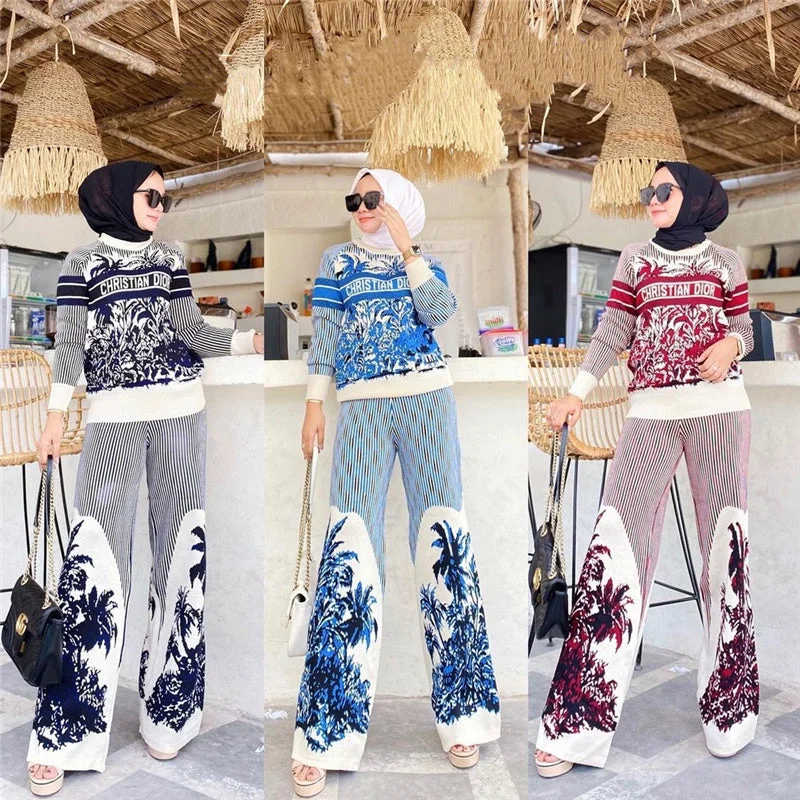 New Arrival Middle East Southeast Knitted Sweater Set Muslim 2 piece Wide Pants Plus Size Suit for Islamic Clothing Polka Dot Checkered Tartan New Arrival Middle East Southeast Knitted Sweater Set Muslim 2 piece Wide Pants Plus Size Suit for Islamic Clothing Polka Dot Checkered Tartan