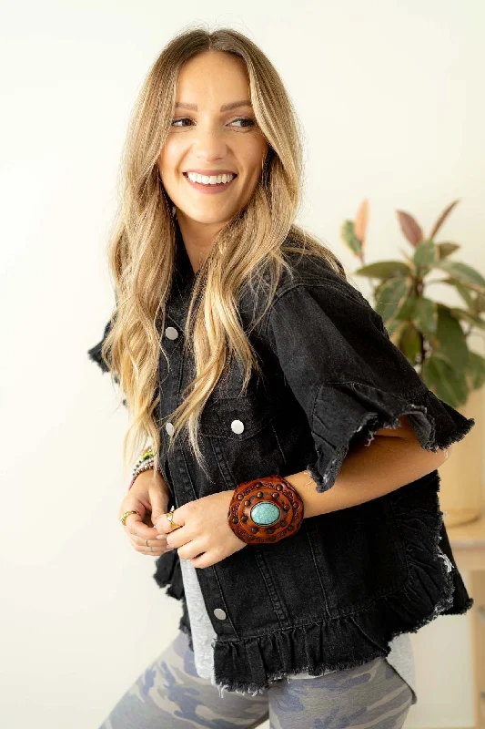 Scottie Ruffle Denim Jacket - Black Cotton Fabric Linen Fabric Terry Fabric