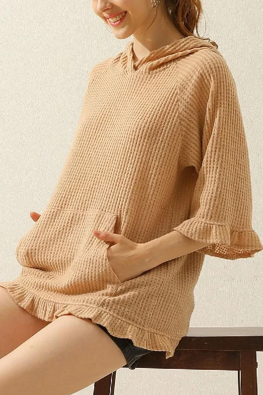 HOODED 3/4 RUFFLED SLEEVE KNIT SWEATER WITH POCKET Fleece Sweater Nylon Polyester