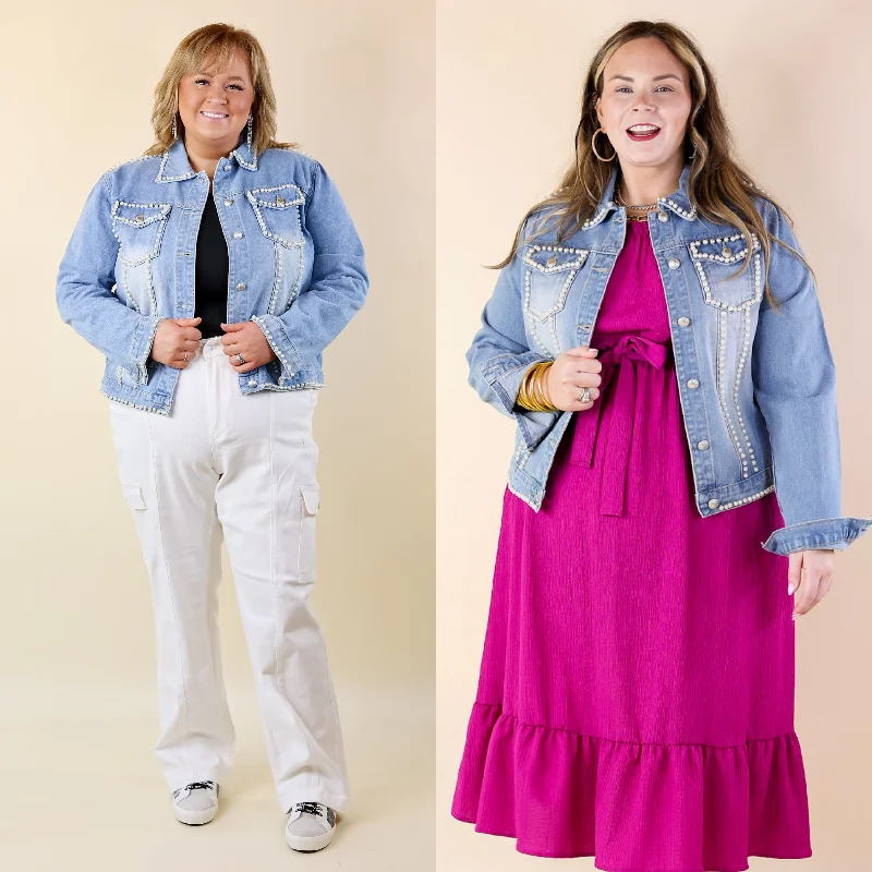 Pearls For the Girls Pearl Embellished Denim Jacket in Light Wash Welt Pockets Slit Pockets Flap Pockets Pearls For the Girls Pearl Embellished Denim Jacket in Light Wash Welt Pockets Slit Pockets Flap Pockets