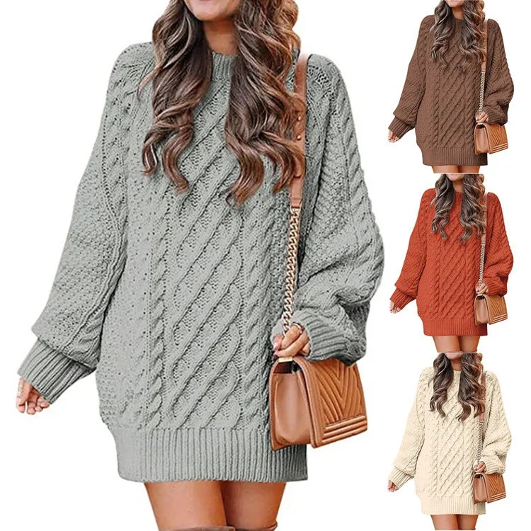 Women's Round Neck Long Sleeve Twisted Knitted Mid-length Dress Sweater Embroidered Appliqued Beaded