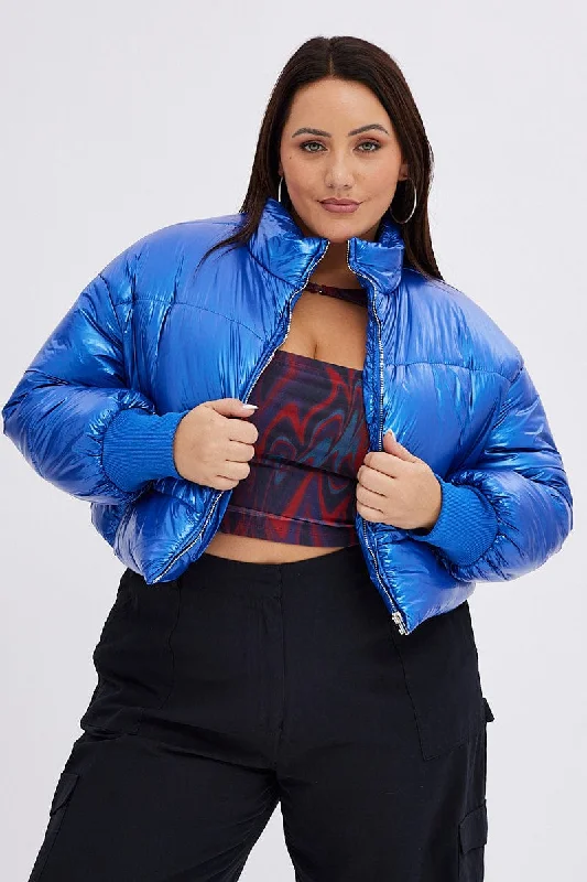 Blue Puffer Jacket Shiny Wet Look Lined Cropped Print Jacket Jacquard Jacket Embroidered Jacket Blue Puffer Jacket Shiny Wet Look Lined Cropped Print Jacket Jacquard Jacket Embroidered Jacket