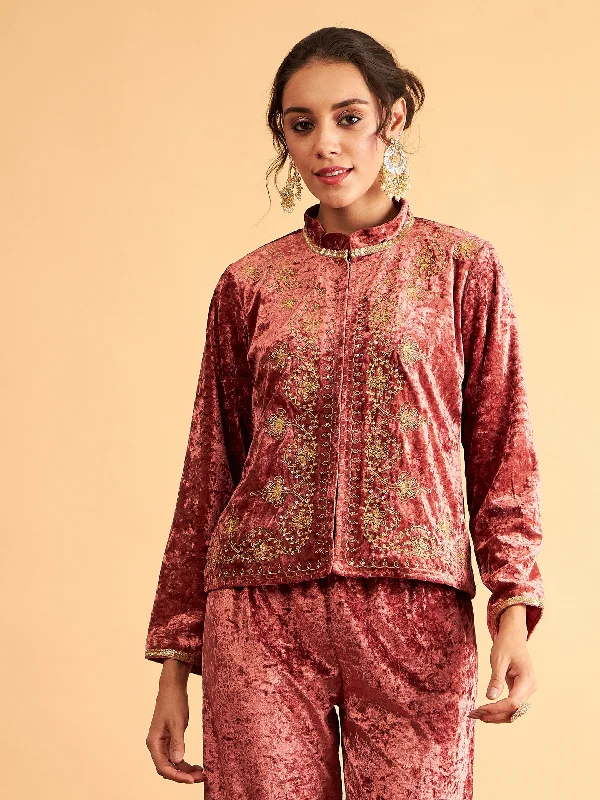 Women Pink Velvet Front Embroidered Jacket Satin Jacket Silk Jacket Chiffon Jacket