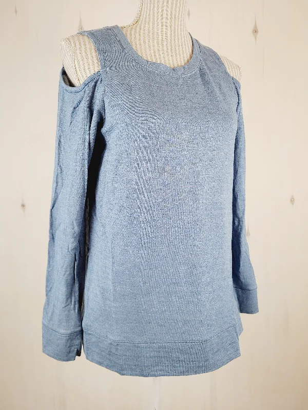 DALIA BLUE STRETCH SWEATER WITH CUT OUT SHOULDERS LADIES MEDIUM PRE-LOVED Transparent Opaque Sheer DALIA BLUE STRETCH SWEATER WITH CUT OUT SHOULDERS LADIES MEDIUM PRE-LOVED Transparent Opaque Sheer