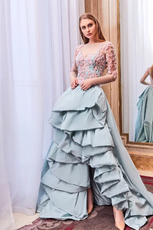 Embroidered long sleeves top with ruffled skirt modal blend skirt