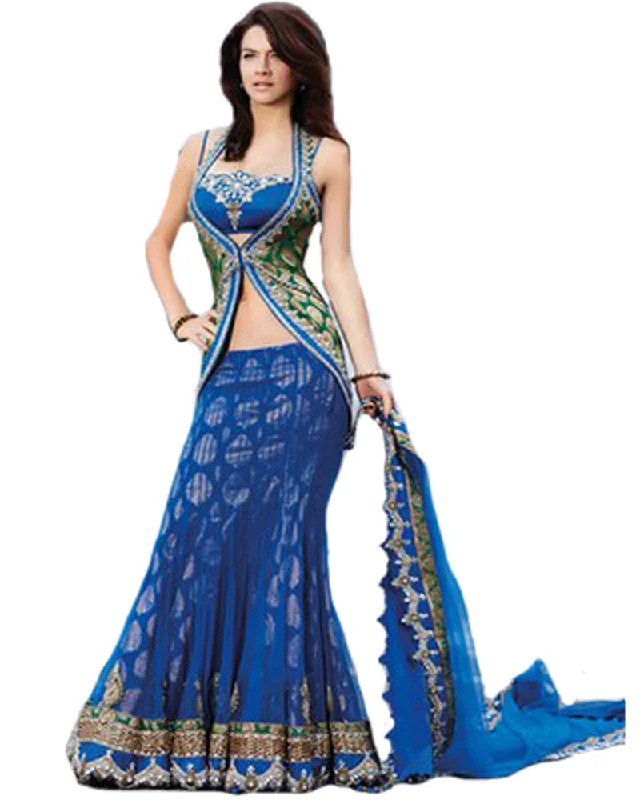 Blue Lehnga With Over Jacket Toggled Jacket Drawstring Jacket Belted Jacket