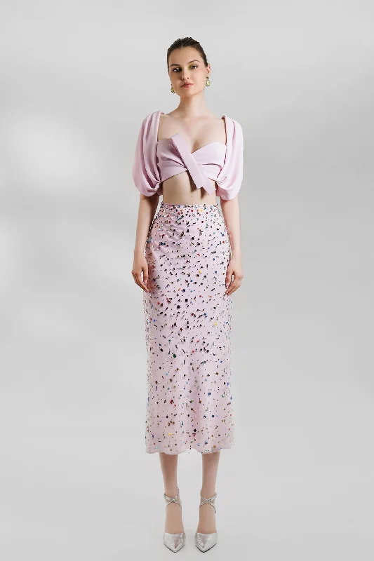 Cropt top with beaded skirt denim skirt durable