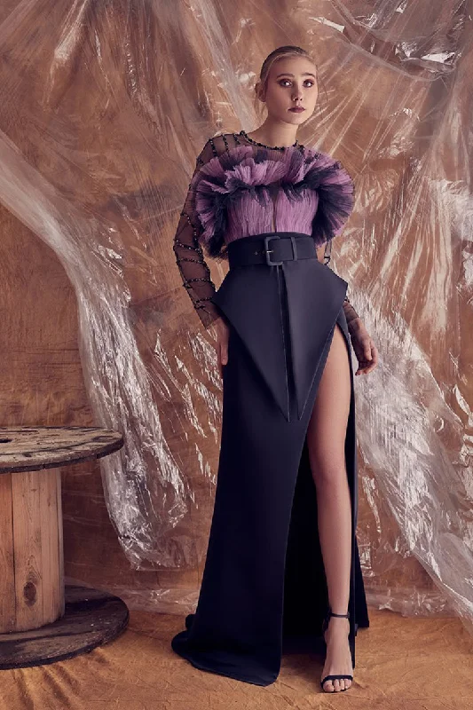Ruffled and pleated top with open leg belted skirt high waist skirt