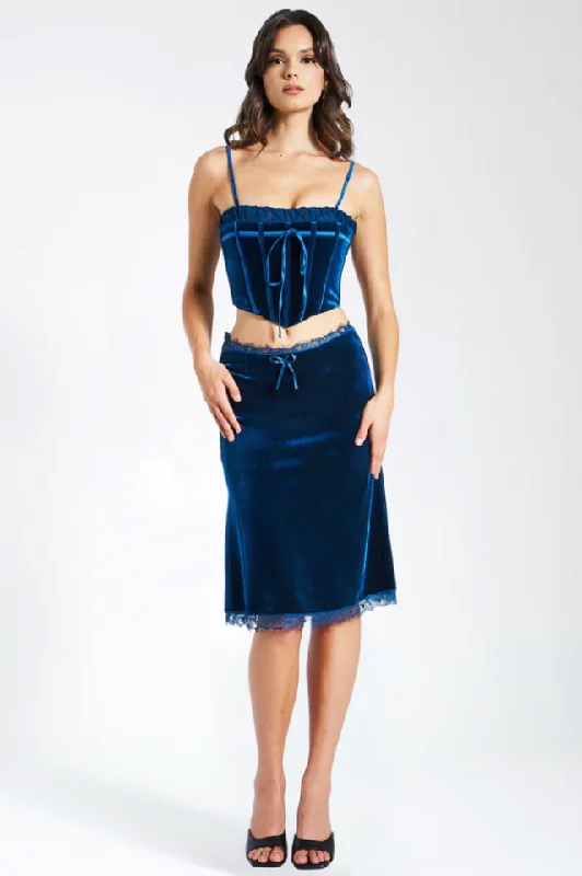 Lorraine Teal Velvet Skirt Set ruffled skirt detail