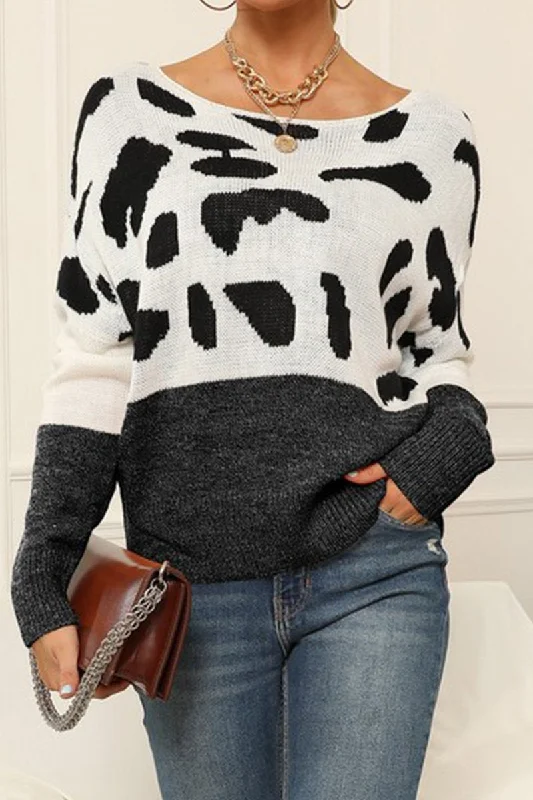 WOMEN LEOPARD ANIMAL PATTERN ROUND NECK SWEATER Elegant Classic Vintage