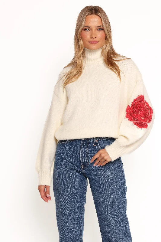 Kelso Flower Embroidery Knit Sweater - Cream Soft Cozy Warm