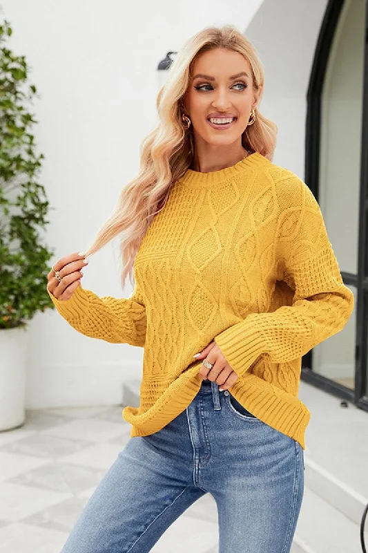 WOMEN TWISTED CHUNKY CABLE KNIT LOOSE FIT SWEATER Embroidered Appliqued Beaded