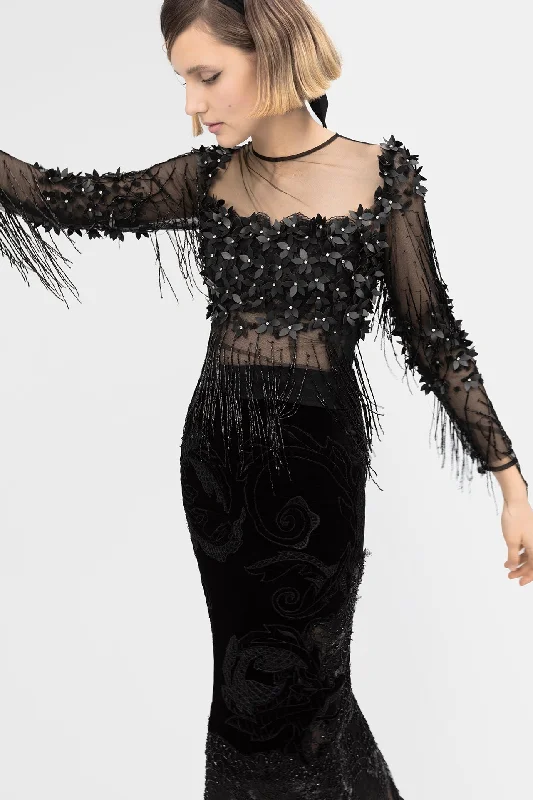 Long illusion sleeves top with beaded skirt denim skirt durable