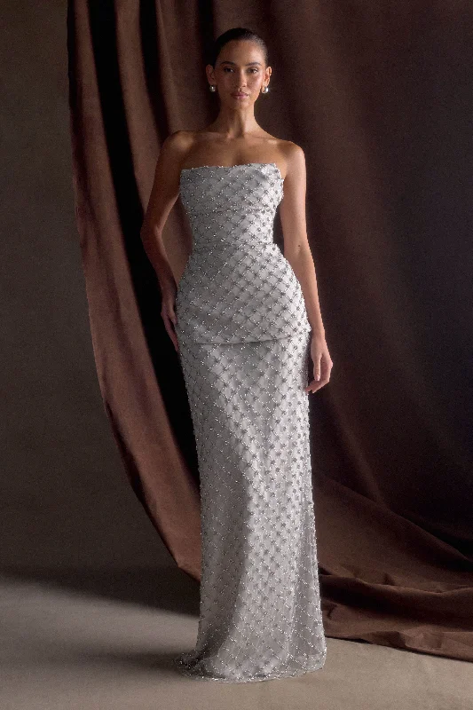 Zuri Hand Beaded Embellished Maxi Skirt - Silver chiffon skirt floaty
