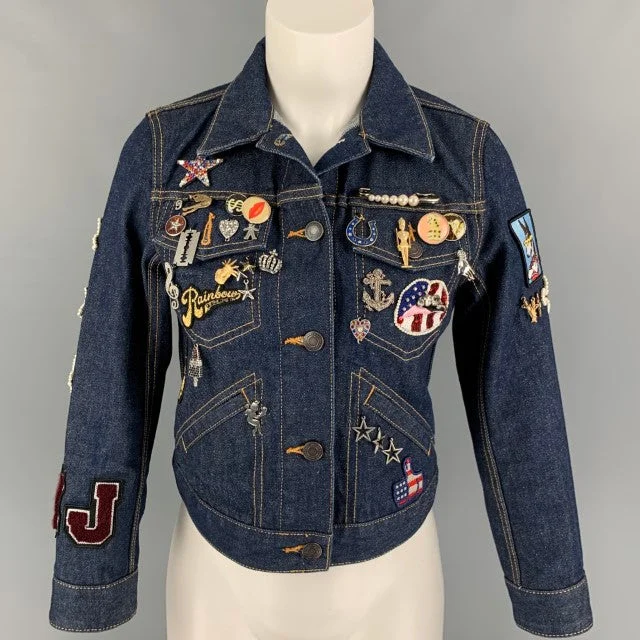 MARC JACOBS Size S Indigo Denim Contrast Stitch Pin Charms Sequin Mermaid Jacket Tiered Jacket Buttoned Jacket Zippered Jacket MARC JACOBS Size S Indigo Denim Contrast Stitch Pin Charms Sequin Mermaid Jacket Tiered Jacket Buttoned Jacket Zippered Jacket