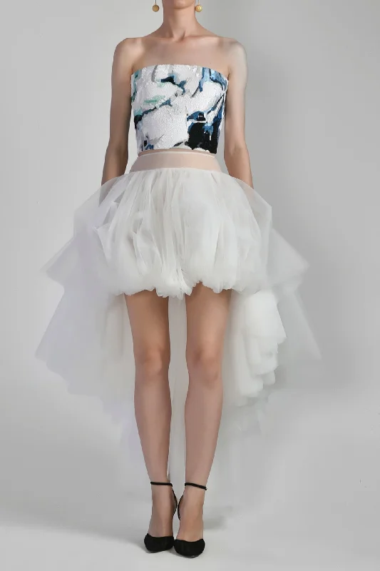 Fully beaded top with high-low skirt silk skirt lustrous