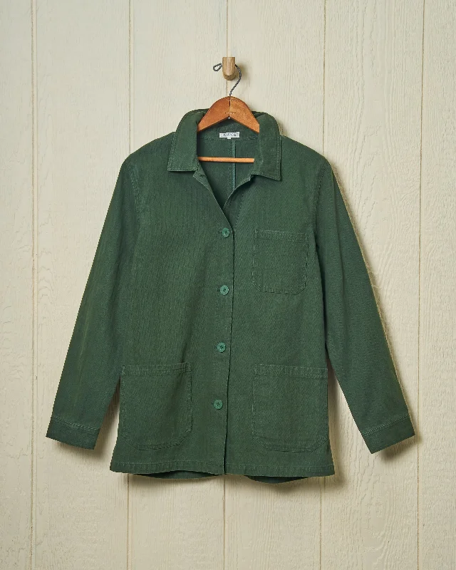 Women’s French Workman’s Jacket in Parks Department Green Herringbone Boat Neck Shawl Collar Notched Collar Women’s French Workman’s Jacket in Parks Department Green Herringbone Boat Neck Shawl Collar Notched Collar