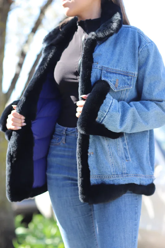 Denim Jacket w/ Rex Rabbit Fur Trim - Natural Quilted Jacket Puffer Jacket Insulated Jacket Denim Jacket w/ Rex Rabbit Fur Trim - Natural Quilted Jacket Puffer Jacket Insulated Jacket
