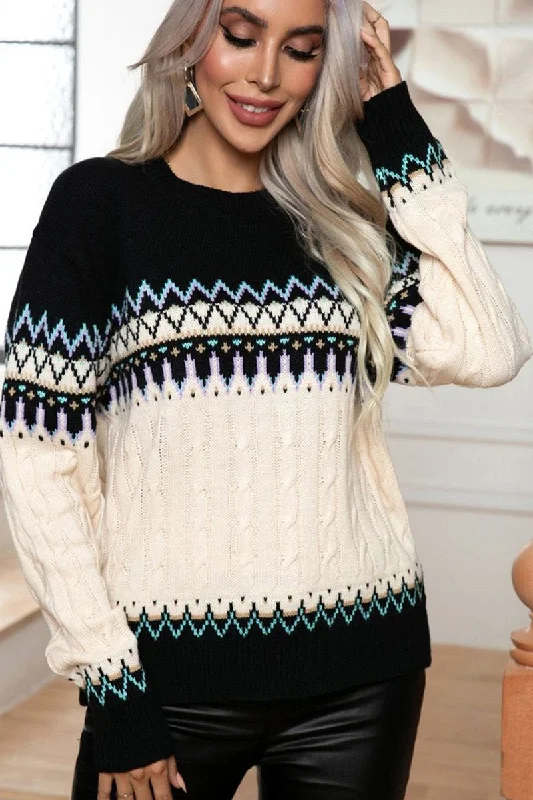 WOMEN LONG SLEEVE BOHEMIAN PATTERN KNIT SWEATER Spandex Rayon Corduroy