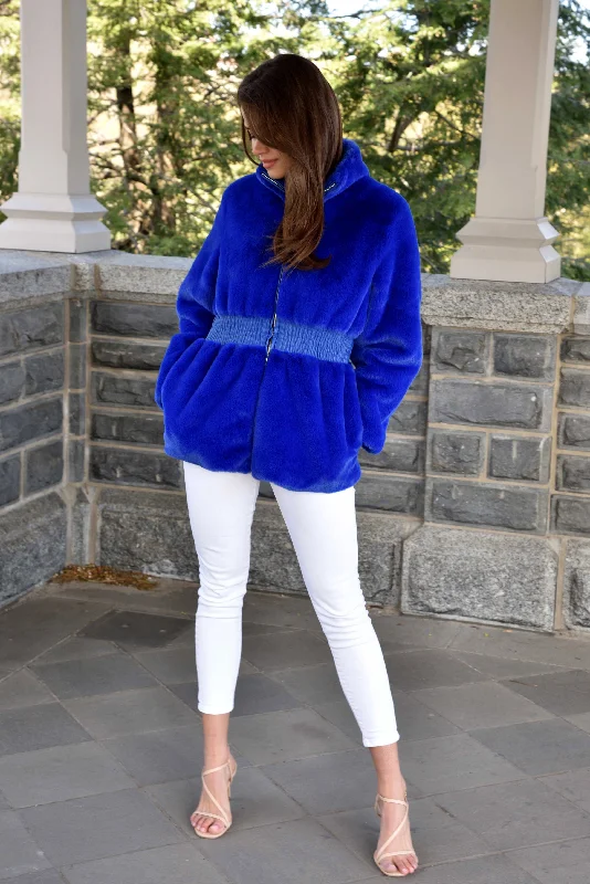 Plush Faux Fur Cinched Waist Jacket - Electric Blue One-Shoulder Jacket Off-the-Shoulder Jacket Asymmetrical Jacket Plush Faux Fur Cinched Waist Jacket - Electric Blue One-Shoulder Jacket Off-the-Shoulder Jacket Asymmetrical Jacket