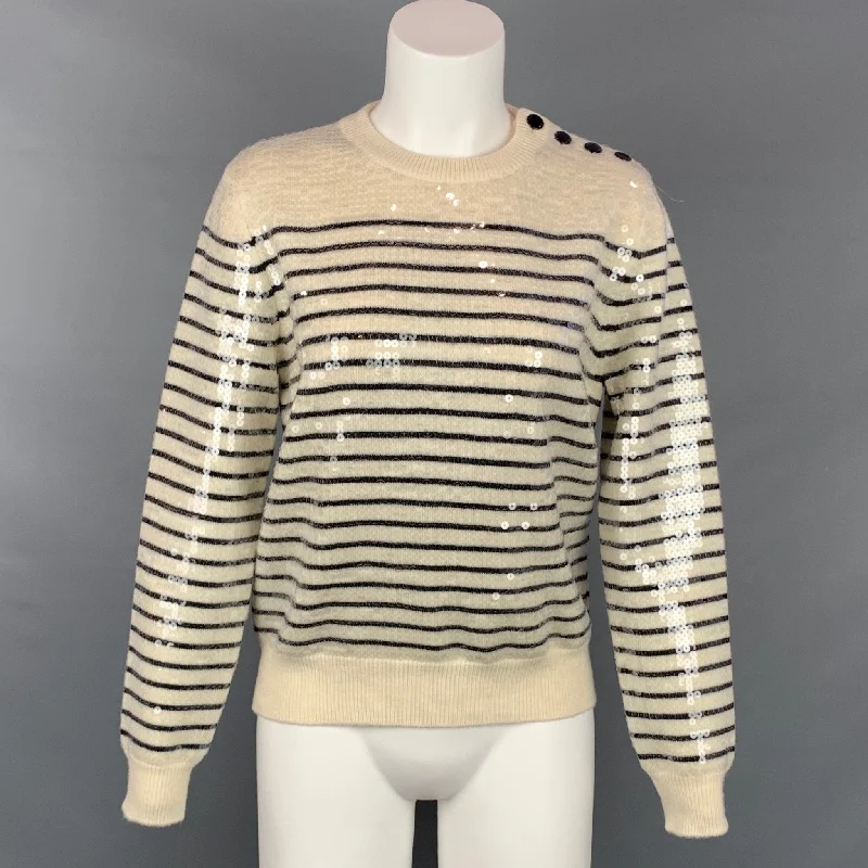CELINE Size S Cream Sequined Striped Wool Marin Sweater Chenille Blend Fleece Blend Nylon Blend CELINE Size S Cream Sequined Striped Wool Marin Sweater Chenille Blend Fleece Blend Nylon Blend