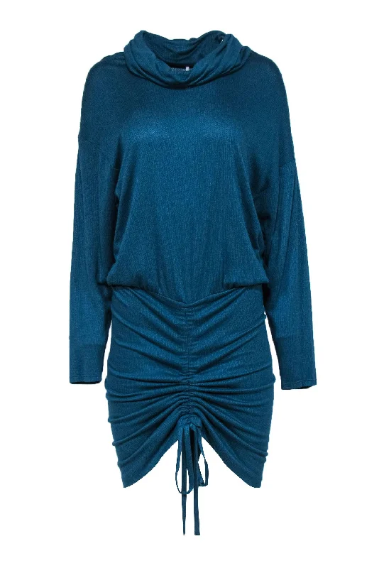 Free People - Teal Ribbed Long Sleeve Cowl Neck Sweater Dress Sz M Satin Blend Silk Blend Wool Blend