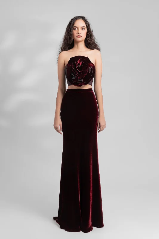 Velvet floral top with skirt high slit skirt